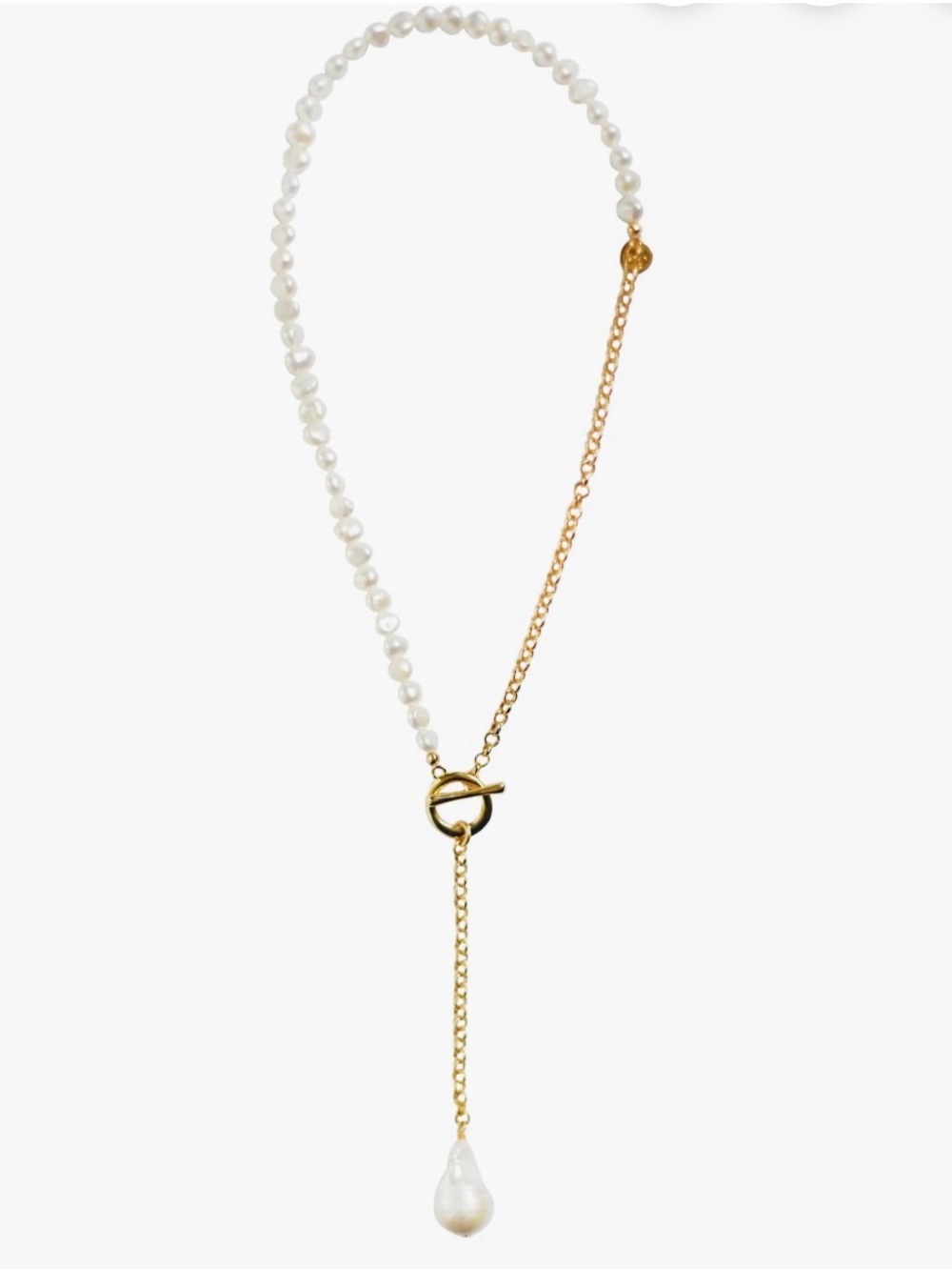 New Gold and White Pearl Drops of Love Lariat Necklace